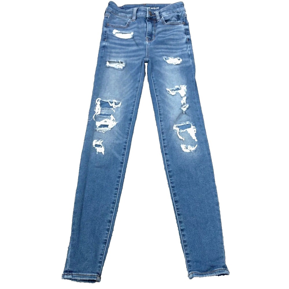 American Eagle Jeans Women 00 Jegging Super High Rise Med Wash Faded Distressed